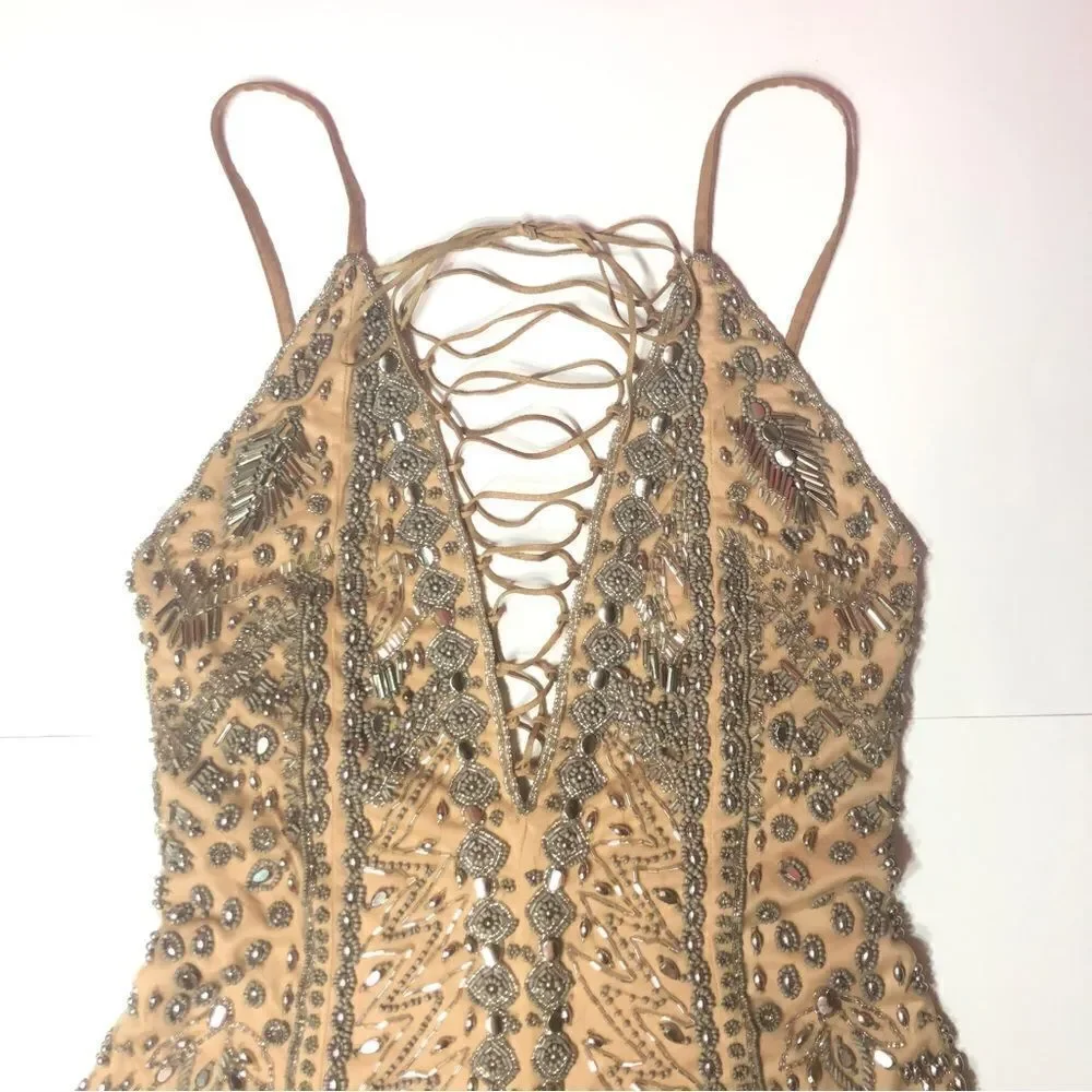 X by NBD Pandora Romper Champagne Allover Beading Plunging Lace Up Festival - Picture 6 of 15